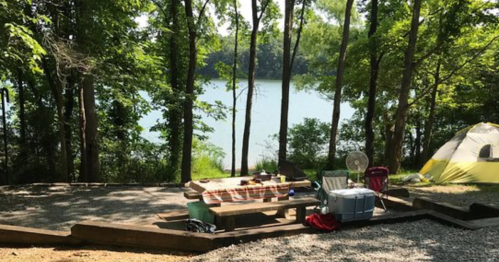 A serene campsite by a lake, featuring a picnic table, cooler, and a yellow tent surrounded by trees.