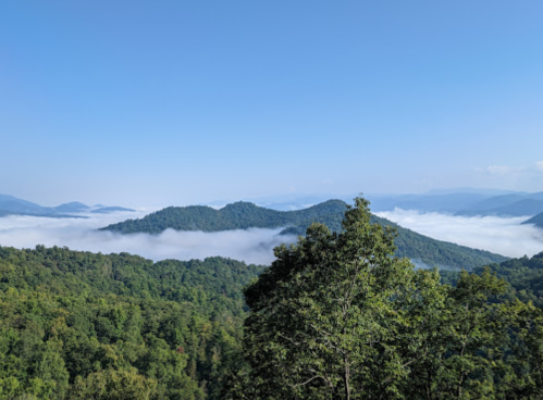 A scenic view of mountains covered in mist, with lush green trees in the foreground and a clear blue sky above.