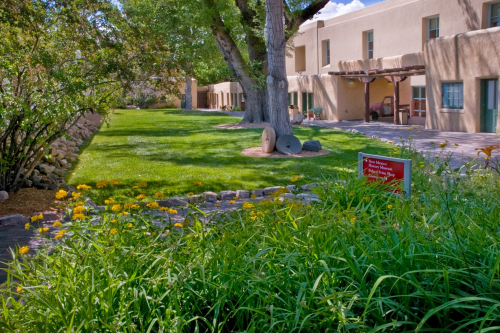 A serene courtyard with green grass, trees, and flowers, featuring adobe-style buildings in the background.