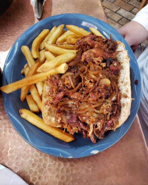 A plate with a sandwich filled with pulled pork and onions, served with a side of golden French fries.