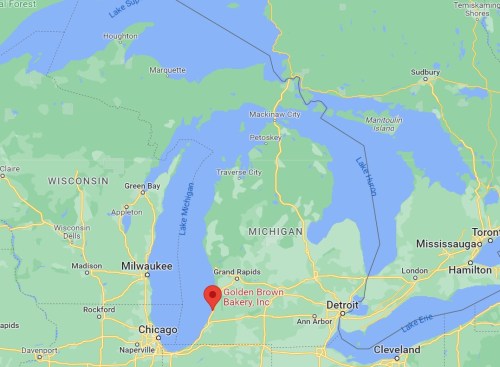 Map showing the location of Golden Brown Bakery, Inc. in Michigan, near Lake Michigan and major cities like Chicago and Detroit.