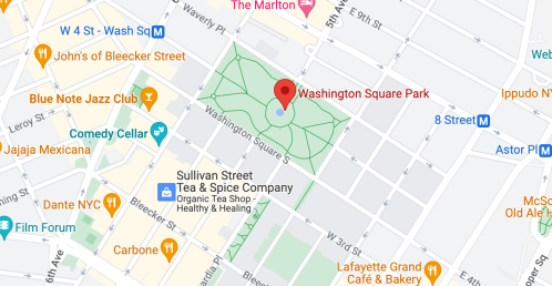 Map showing Washington Square Park in New York City, surrounded by streets and nearby landmarks.