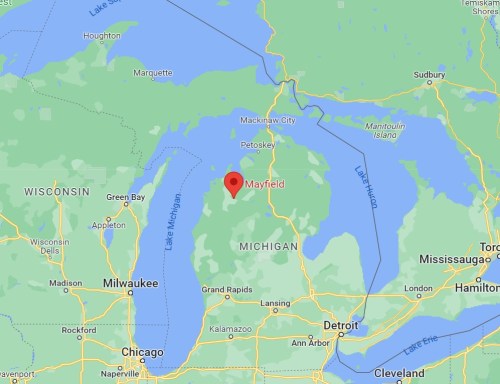 Map showing Mayfield, Michigan, located in the northern part of the state, near Lake Michigan.