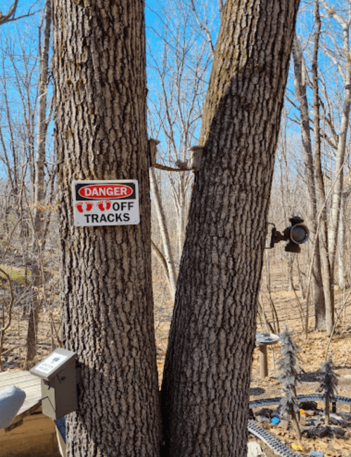 Sign on two trees warning "Danger: Off Tracks" with a camera nearby, set in a wooded area.