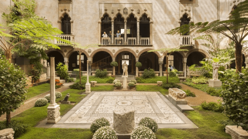 A serene courtyard garden with greenery, sculptures, and a patterned stone floor, surrounded by ornate architecture.