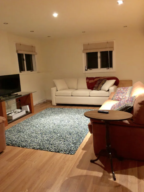 Cozy living room with two sofas, a coffee table, a TV, and a blue rug on wooden flooring. Soft lighting from ceiling.