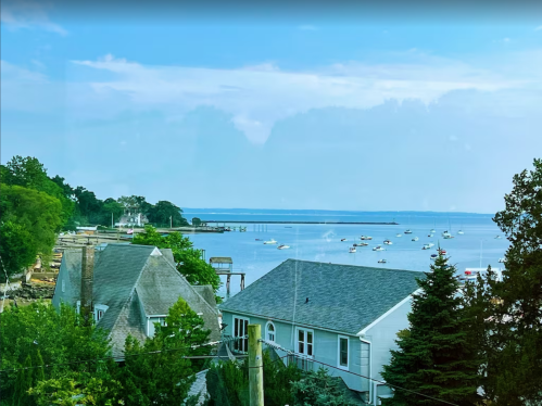 A serene coastal view featuring boats in the water, lush greenery, and charming houses along the shore.