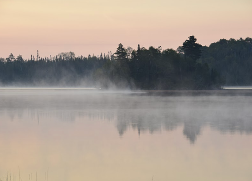 A serene lake at dawn, with mist rising and trees reflected in the calm water.