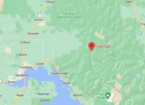 Map showing Char Falls located in the Kaniksu National Forest, near the towns of Hope and Ponderay in Idaho.