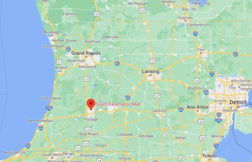 Map showing the location of South Kalamazoo Mall in Michigan, near Portage and Kalamazoo.