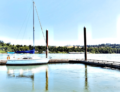 A sailboat docked at a marina with wooden posts, surrounded by calm water and green trees in the background.