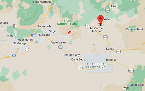 Map showing the area around Zion National Park, including nearby towns like Hurricane and Kanab.