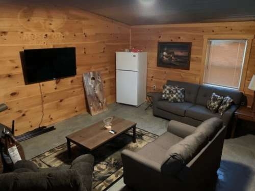 Cozy living room with wooden walls, a TV, a fridge, and two sofas around a coffee table.