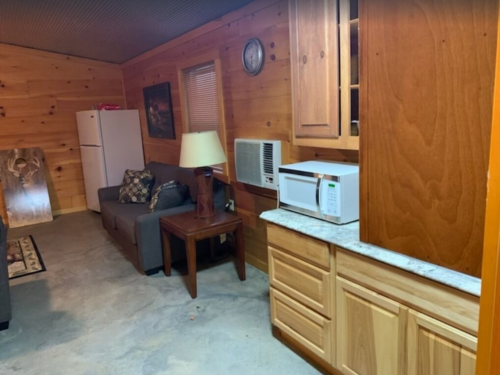Cozy cabin interior featuring a kitchen area, sofa, and wooden walls with a clock and air conditioner.