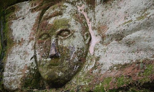 A weathered stone carving of a face, partially covered in moss and lichen, set against a rocky background.