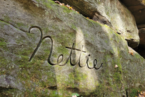 Carved name "Nettie" on a moss-covered rock surface in a natural setting.