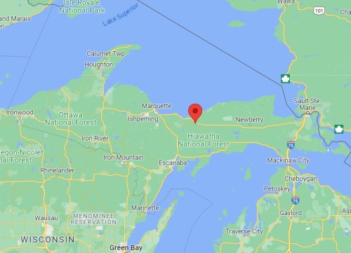 Map showing Hiawatha National Forest in Michigan, with a red marker indicating its location.