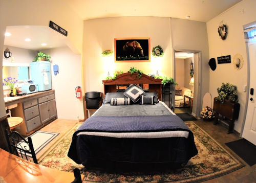 Cozy room with a bed, kitchen area, and decorative plants, featuring warm lighting and a bear painting on the wall.