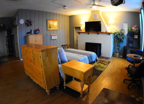 Cozy room with a bed, dresser, and fireplace, featuring a TV and decorative plants in a warm, inviting atmosphere.
