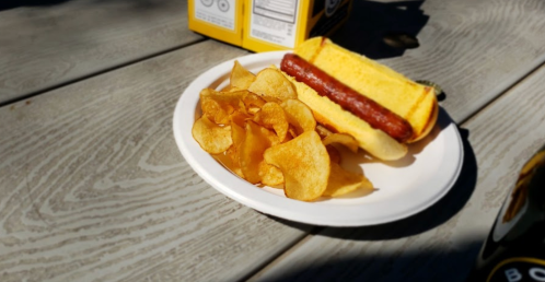 A plate with a hot dog in a bun and a serving of potato chips on a wooden table.