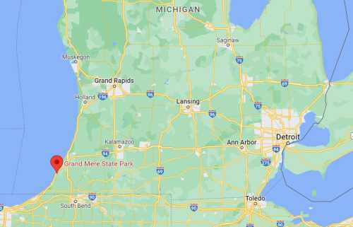 Map showing the location of Grand Mere State Park in Michigan, near the shores of Lake Michigan.