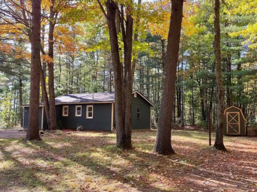 A cozy dark green cabin surrounded by trees with autumn leaves, featuring a small shed nearby.