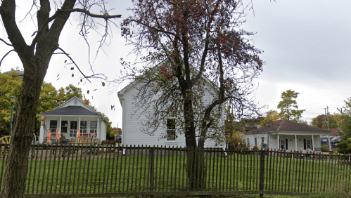 A white house and a smaller building are surrounded by trees and a wooden fence in a grassy area.