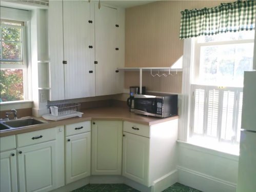 Bright kitchen with white cabinets, a microwave, and a window with green checkered curtains.