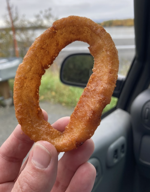 A hand holding a golden-brown onion ring against a blurred outdoor background.