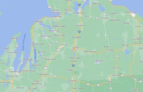 Map of northern Michigan, highlighting towns like Gaylord, Johannesburg, and surrounding areas.