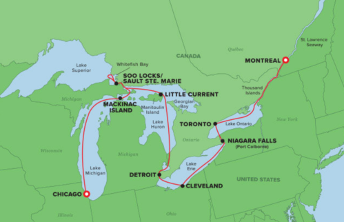 Map showing a route from Chicago to Montreal, passing through key locations like Detroit, Toronto, and Niagara Falls.
