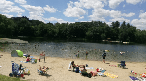 A sandy beach by a lake with people swimming, lounging on towels, and enjoying a sunny day under a blue sky.