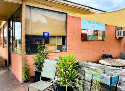 A colorful storefront with an "OPEN" sign, plants outside, and a mural on the wall, featuring produce and wine.