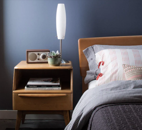 A cozy bedroom scene featuring a bedside table with a lamp, books, and a small plant next to a neatly made bed.