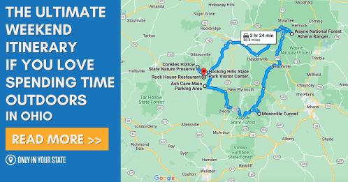 Map of a weekend itinerary in Ohio for outdoor enthusiasts, highlighting key locations and routes.