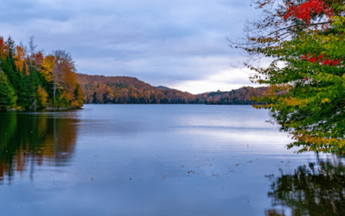 A tranquil lake surrounded by autumn foliage, reflecting colorful trees and a cloudy sky.