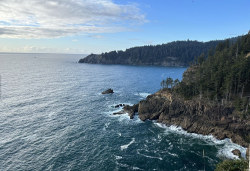 A scenic coastal view featuring rocky cliffs, waves crashing, and a forested shoreline under a partly cloudy sky.