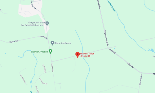 Map showing the location of Wicked Tulips in Exeter, RI, near Bradhner Preserve and Kingston Center.