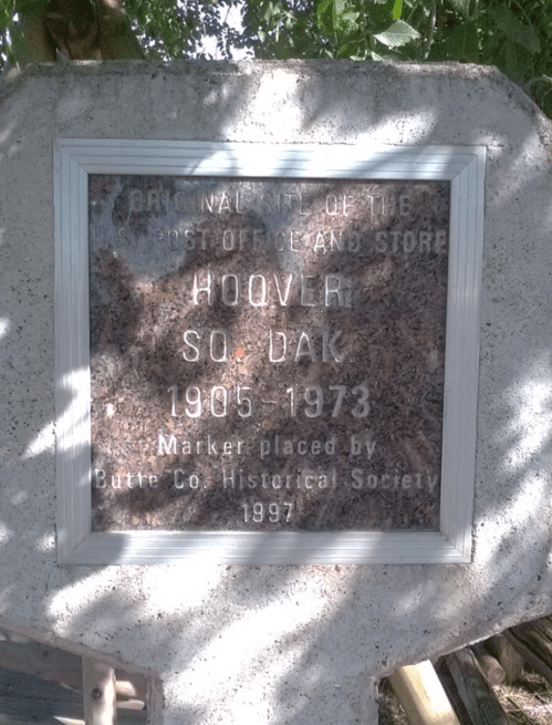 Historical marker for the original site of the post office and store in Hoover, South Dakota, established 1905.