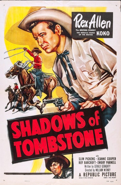Vintage movie poster for "Shadows of Tombstone," featuring a cowboy on horseback and dramatic text.