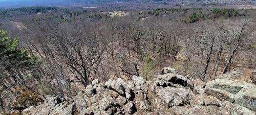 A rocky outcrop overlooks a vast, barren landscape of trees and distant hills under a clear blue sky.