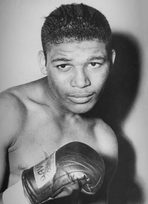 A black and white portrait of a young boxer, wearing gloves and looking confidently at the camera.
