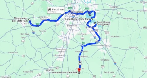 Map showing a route from Henry Horton State Park to various parks near Nashville, including Long Hunter and Montgomery Bell State Parks.