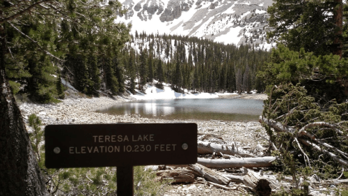Sign for Teresa Lake at 10,230 feet elevation, surrounded by trees and snow-capped mountains.