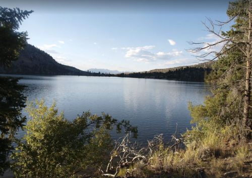 A serene lake surrounded by trees and mountains under a clear blue sky, reflecting the landscape in the water.