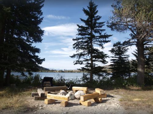 A serene lakeside campsite with a fire pit surrounded by logs and rocks, framed by tall trees and a clear sky.