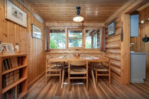 Cozy wooden dining area with a table, chairs, and large windows, surrounded by log walls and warm decor.