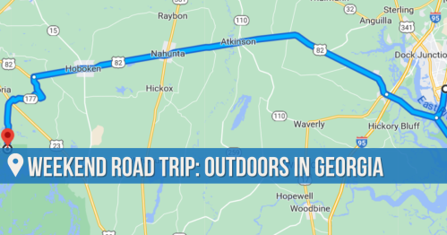 Map showing a route for a weekend road trip in Georgia, highlighting outdoor destinations.