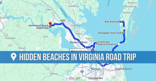 Map showing a road trip route to hidden beaches in Virginia, highlighting key locations and parks along the way.