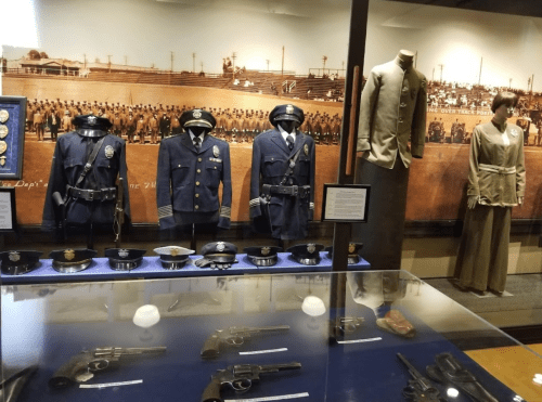 Display of historical police uniforms and artifacts in a museum, featuring various badges and vintage firearms.